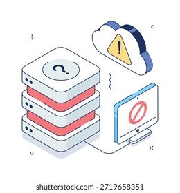 Ilustração isométrica mostrando problema no servidor de nuvem ou falha no backup on-line.