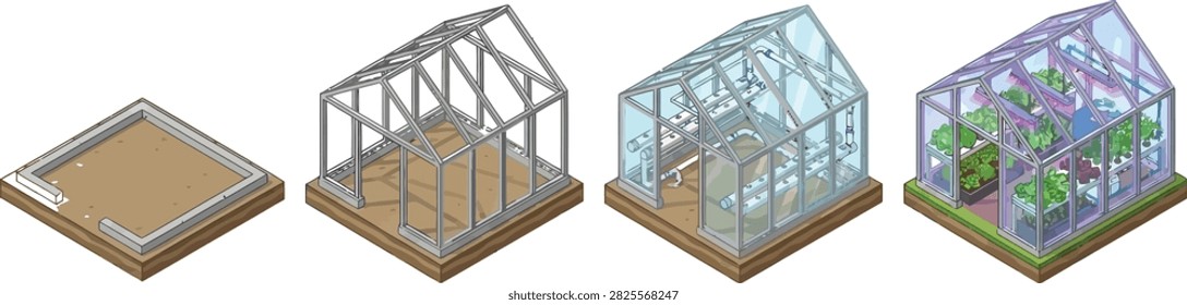 An isometric illustration showing the four stages of constructing a greenhouse, from the foundation to the fully planted interior.