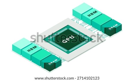 Isometric illustration showing a GPU connected to HBM with a cutaway view revealing stacked DRAM. Designed for explaining AI acceleration and high performance memory systems