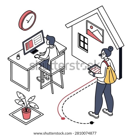 An isometric illustration showing a person working at a desk with a computer while another person walks nearby with a tablet in a modern home office environment.