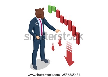 Isometric illustration showing a red bear with a declining stock market graph, stacks of cash, and gold coins, symbolizing a bearish trend. Bear market, stock decline, recession, financial crisis