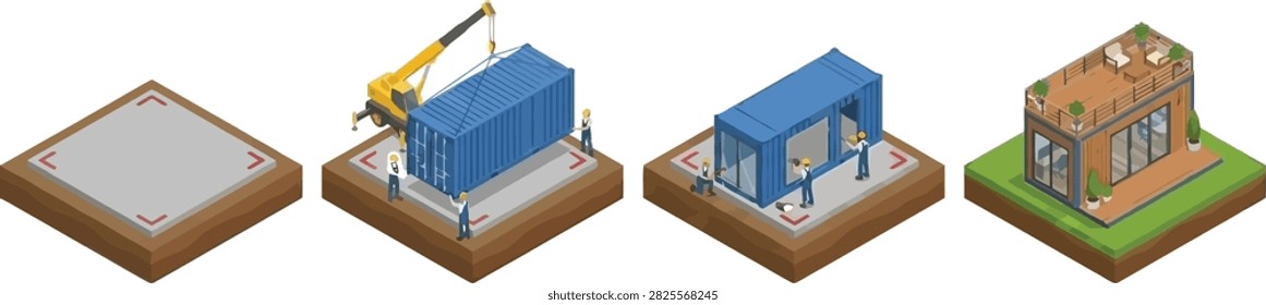 An isometric illustration showing the step-by-step construction process of a modern shipping container house from foundation to finished home.
