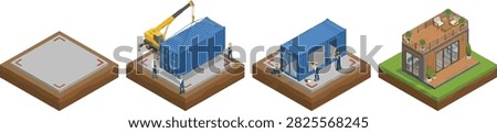 An isometric illustration showing the step-by-step construction process of a modern shipping container house from foundation to finished home.