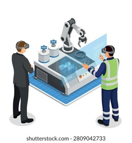 An isometric illustration showing two people wearing VR headsets while operating an industrial robotic arm in a factory setting.