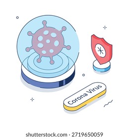 An isometric illustration showing virus analysis and protection shield.