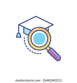 Isometric illustration shows a graduation cap with a magnifying glass, symbolizing education research and academic analysis with modern flat style.