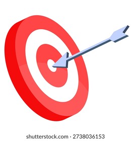 Isometric illustration shows a light blue arrow precisely hitting the center bullseye of a three dimensional red and white target symbolizing perfect focus strategic achievement and successful completion of objectives.