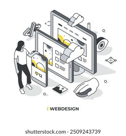 Isometric illustration shows a woman near exaggerated devices phone, tablet, PC, each displaying the same webpage. It highlights web design's key aspects: layout, responsiveness,  visuals, coding