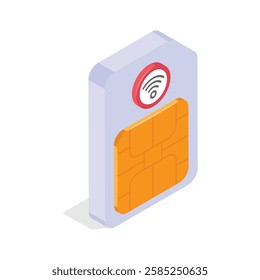 An isometric illustration of a SIM card with a wireless signal icon