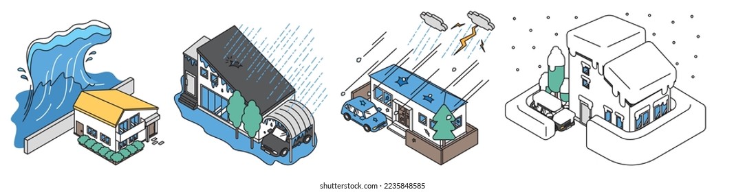 It is an isometric illustration of a simple house that meets a flood-related accident.