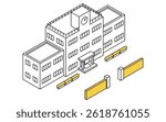 Isometric illustration of a simple line drawing of a school building with a bird