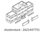 Isometric illustration of a simple line drawing of a school building, building with a bird