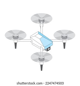 Es ist eine isometrische Illustration einer einfachen Linienzeichnung einer Drohne, die am Himmel fliegt.