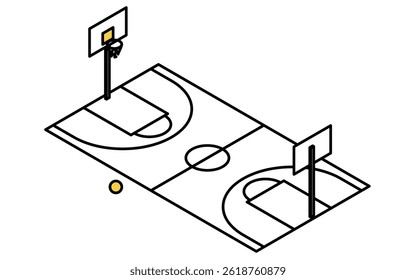 Isometric illustration of a simple line drawing of a basketball court, Vector Illustration