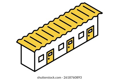 Isometric illustration of a simple line drawing of a prefabricated shed for temporary housing, changing rooms, etc, Vector Illustration