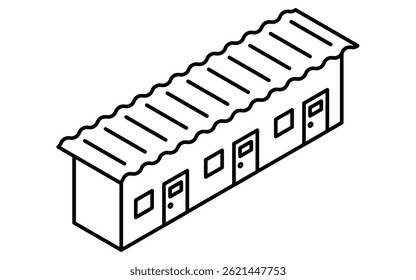 Isometric illustration of a simple line drawing of a prefabricated shed for temporary housing, changing rooms, etc, Vector Illustration