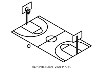 Isometric illustration of a simple line drawing of a basketball court, Vector Illustration
