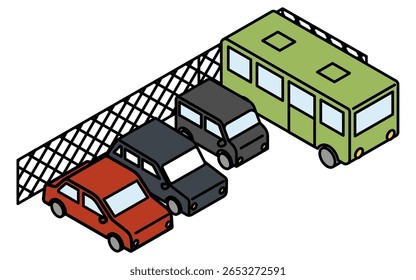 Isometric illustration of a simple line drawing of a fenced parking lot and buses and cars (sedan and light wagon), Vector Illustration