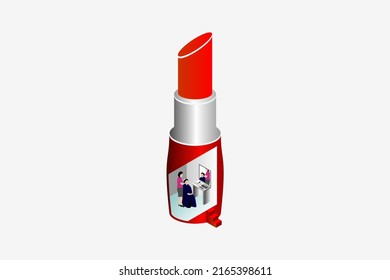 Isometric illustration of simple makeup with concept in lipstick icon. Isometric beauty vector