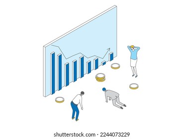 It is an isometric illustration with a simple touch of the image of people who are saddened by the stock price going down.