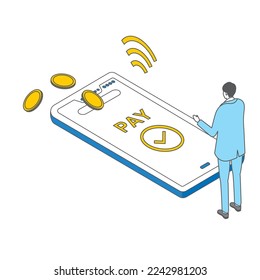 It is an isometric illustration of a simple touch man who is making a touch payment with a smartphone.