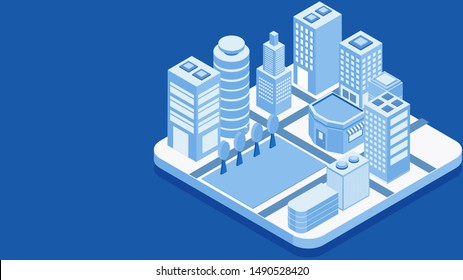 Isometric illustration of skyscraper buildings on blue background for Smart City concept based advertising banner design.