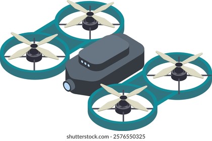 Isometric illustration of a sleek, modern drone featuring four propellers and a camera. Ideal for high tech applications such as aerial photography and surveillance