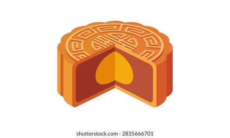 An isometric illustration of a sliced mooncake featuring a smooth red bean paste filling and a bright yellow salted egg yolk center with ornate surface carvings