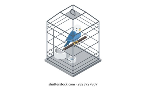 Isometric illustration of a small blue pet bird inside a wire cage.