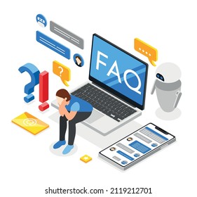 Isometric illustration with small female character sitting in thoughtful posture on big laptop keyboard with FAQ giant letters on screen vector illustration