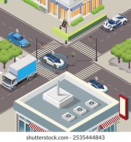 Ilustração isométrica de uma cidade inteligente com composição de veículos automatizados com estrada e faixa de pedestres no centro da cidade ilustração vetorial