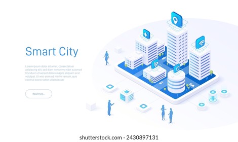 Isometric illustration of a smart city features. City of the future in shades of blue. Street map on the mobile screen.