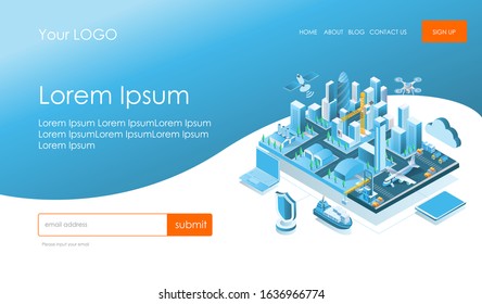 
 Isometric Illustration Smart City Intelligent Buildings and insurance