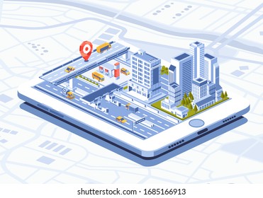 isometric illustration of smart city mobile app on tablet. used for info graphic, landing page, and other.