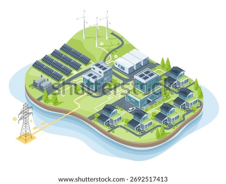 Isometric illustration of smart city powered by renewable energy concept showing smart grid and micro grid connection with solar panels wind turbines and modern eco friendly buildings