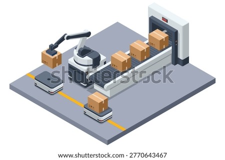 An isometric illustration of a smart conveyor belt system. A robotic arm sorts boxes from a mobile robot to the conveyor, or from the conveyor, representing modern factory automation