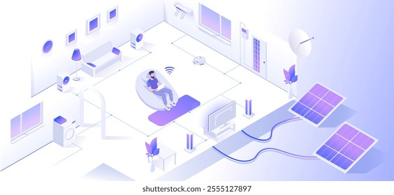 Isometric illustration of smart energy-efficient home setup. Vector illustration