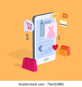 isometric illustration of smart phone with various shopping icons in perspective view