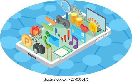 Isométrica ilustración de la función de aplicación para smartphones