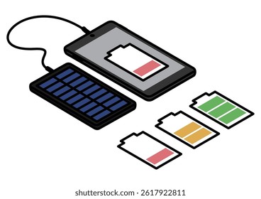 Isometric illustration of a smartphone charging via solar panel with three battery level icons