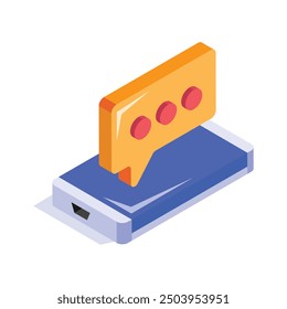 An isometric illustration of a smartphone with a chat bubble for messaging apps.