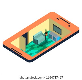 Isometric illustration of a smartphone. The concept of a living room inside a telephone with a sofa, TV, with a flower, a cupboard. Vector isolated illustration on a white background.