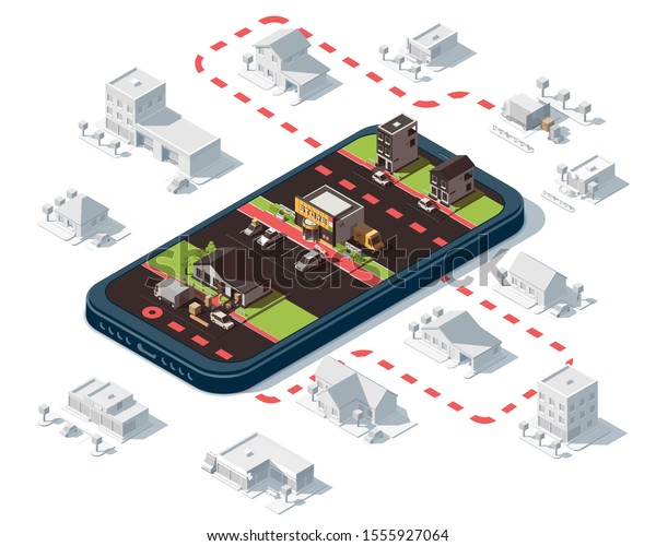 Isometric illustration with smartphone,\
delivery and order\
tracking.