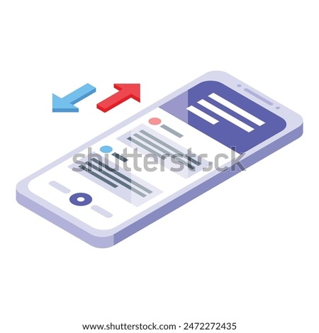 Isometric illustration of a smartphone displaying data exchange arrows, symbolizing file transfer or communication