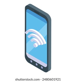 Isometric illustration of a smartphone displaying a wifi signal, symbolizing wireless connectivity