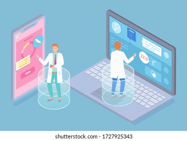 Isometric illustration of smartphone, laptop. Doctor give online consultation at website. Nutritionist check information in medical app, hold apple. Concept of app for disease with stomach, control