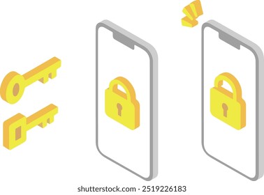 Isometric illustration of a smartphone locked with a key 2