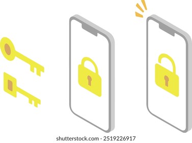 Isometric illustration of a smartphone locked with a key 1