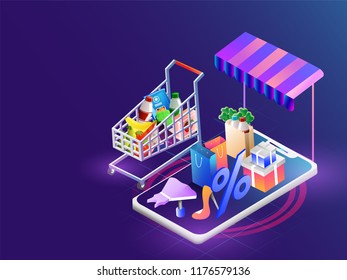 Isometric illustration of smartphone with multiple shopping equipments on blue background. Online Shopping concept based web template.