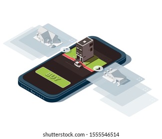 Isometric illustration with smartphone on the theme of online searching real estate.